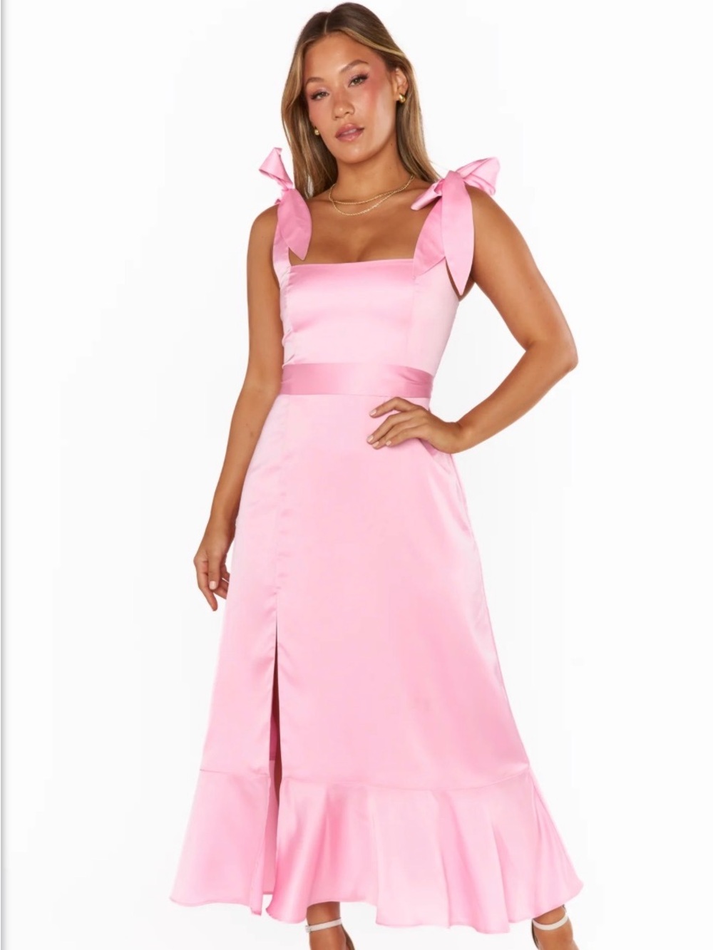 Show Me Your Mumu Pink Satin Midi Dress